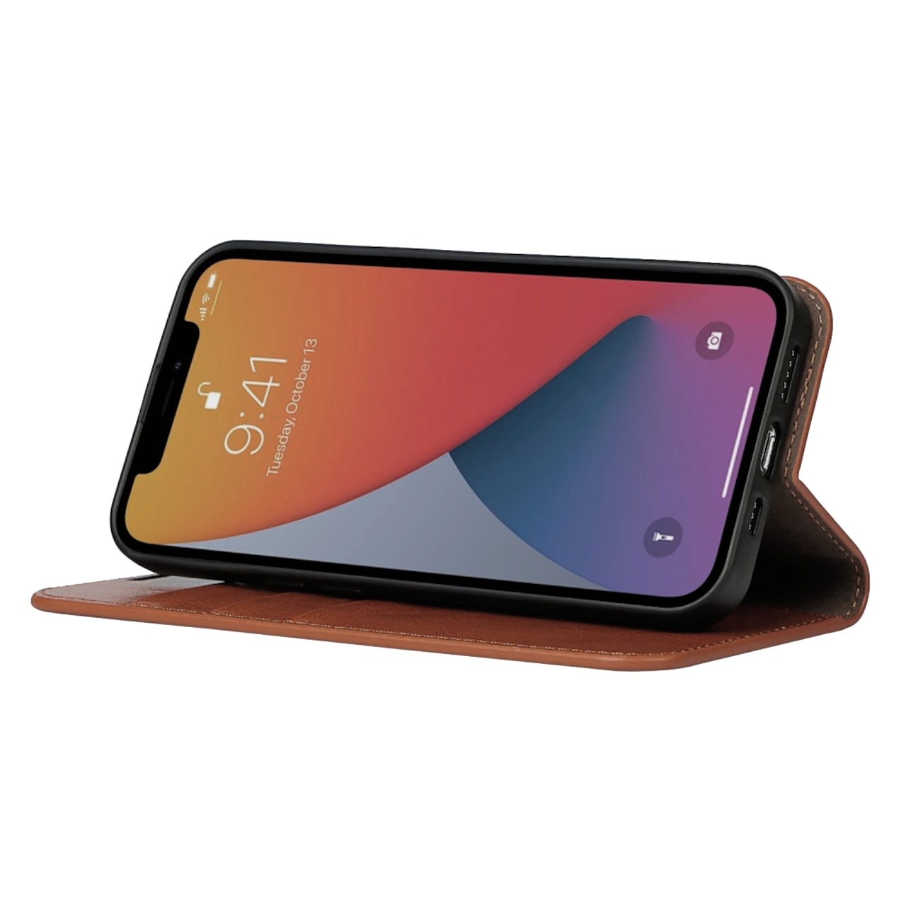 Coque portefeuille en cuir Veritable iPhone 13 Pro, marron