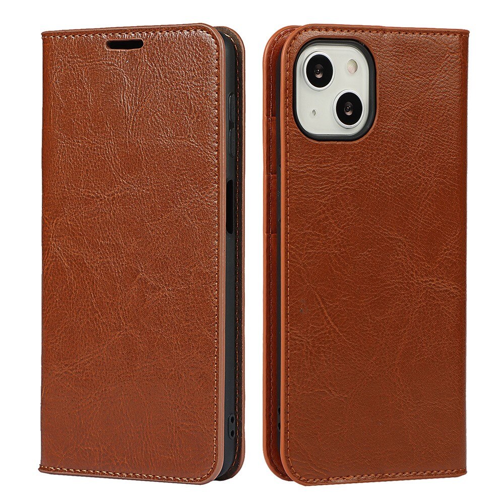 Coque portefeuille en cuir Veritable iPhone 13, marron