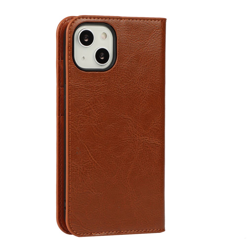 Coque portefeuille en cuir Veritable iPhone 13, marron