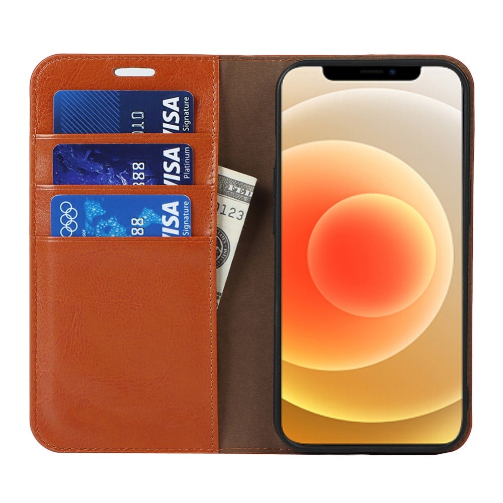 Coque portefeuille en cuir Veritable iPhone 13, Marron