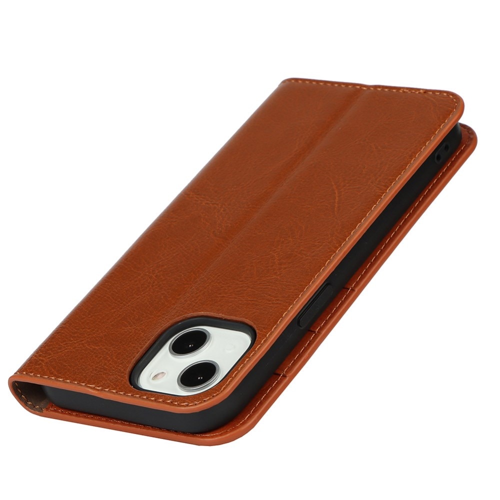 Coque portefeuille en cuir Veritable iPhone 13, marron