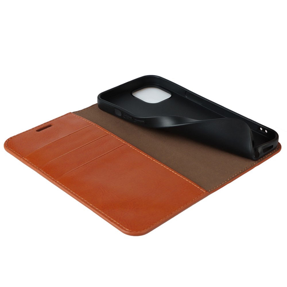 Coque portefeuille en cuir Veritable iPhone 13, marron