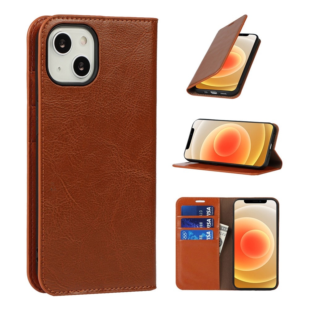 Coque portefeuille en cuir Veritable iPhone 13, Marron