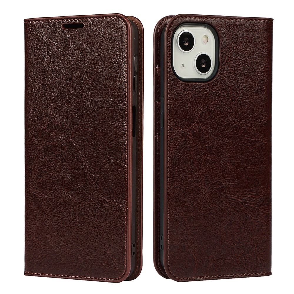 Coque portefeuille en cuir Veritable iPhone 13, marron foncé