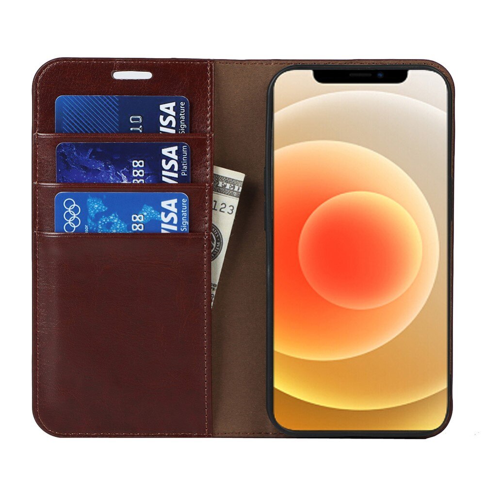 Coque portefeuille en cuir Veritable iPhone 13, Marron foncé