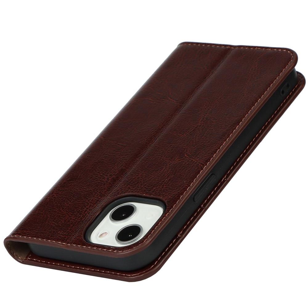 Coque portefeuille en cuir Veritable iPhone 13, marron foncé