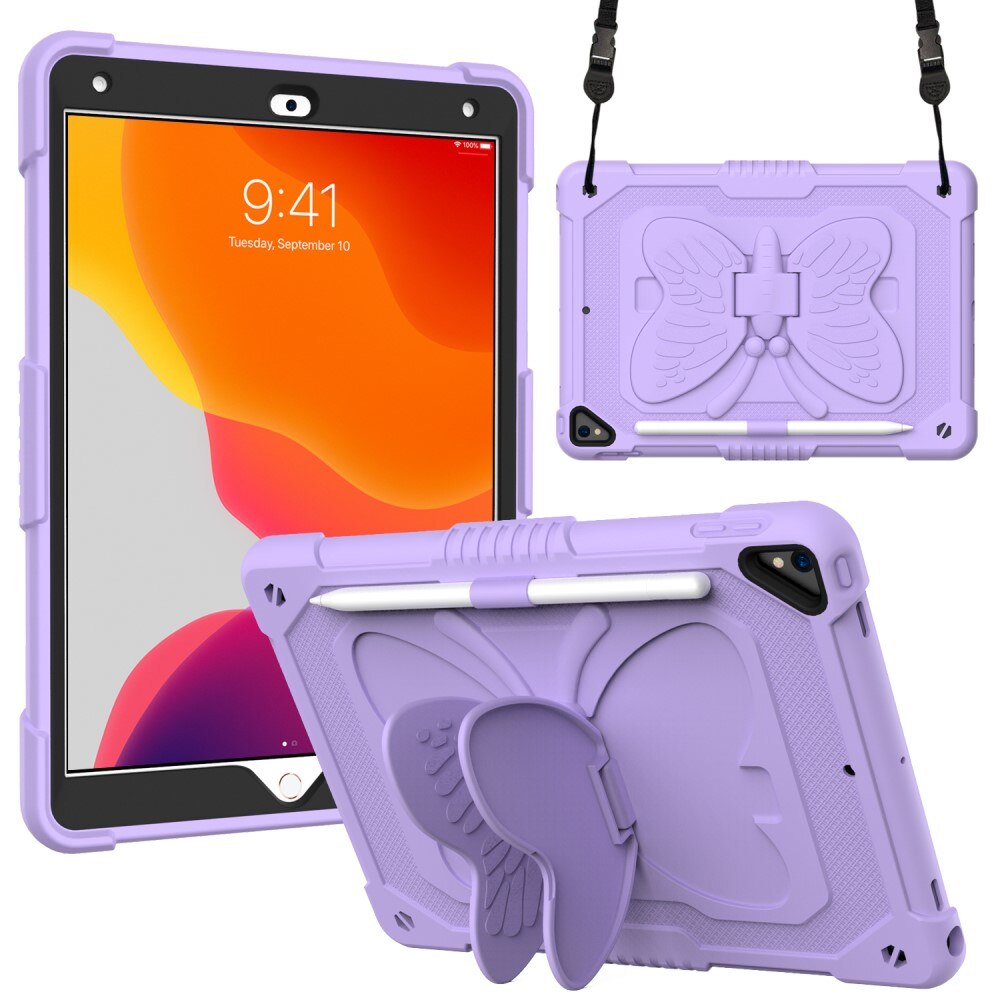 Coque hybride à papillons pour iPad 10.2 9th Gen (2021) avec bandoulière violet