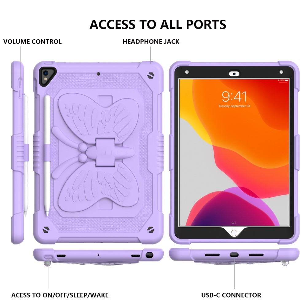 Coque hybride à papillons pour iPad 10.2 9th Gen (2021) avec bandoulière violet