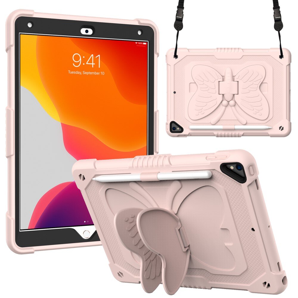 Coque hybride à papillons pour iPad 10.2 7th Gen (2019) avec bandoulière rose