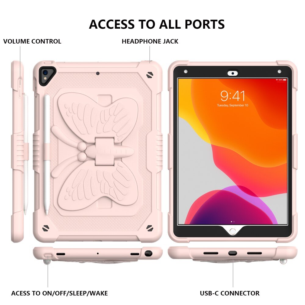 Coque hybride à papillons pour iPad 10.2 8th Gen (2020) avec bandoulière rose