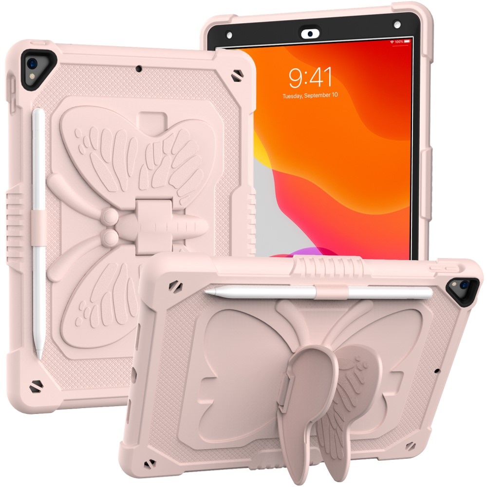 Coque hybride à papillons pour iPad 10.2 9th Gen (2021) avec bandoulière rose