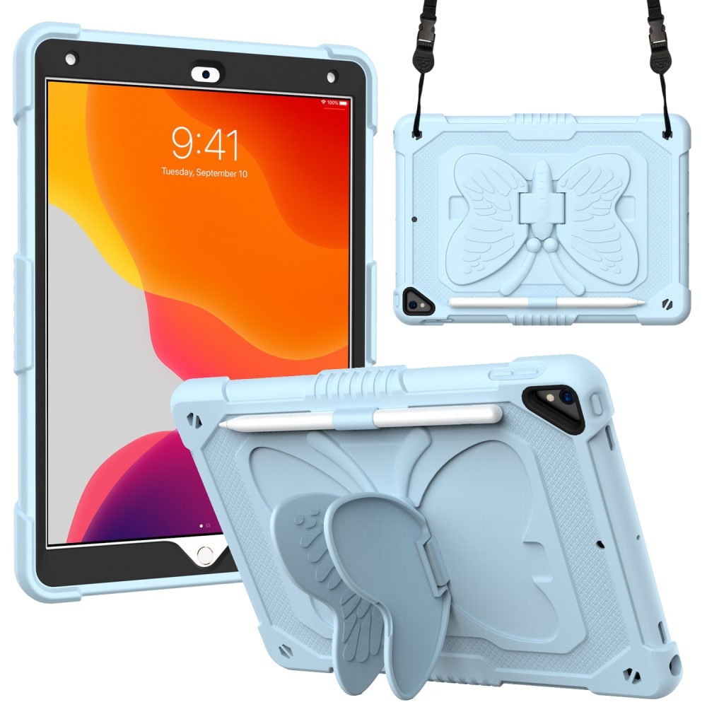 Coque hybride à papillons pour iPad 10.2 7th Gen (2019) avec bandoulière, bleu