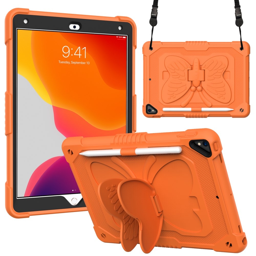 Coque hybride à papillons pour iPad 10.2 8th Gen (2020) avec bandoulière, orange