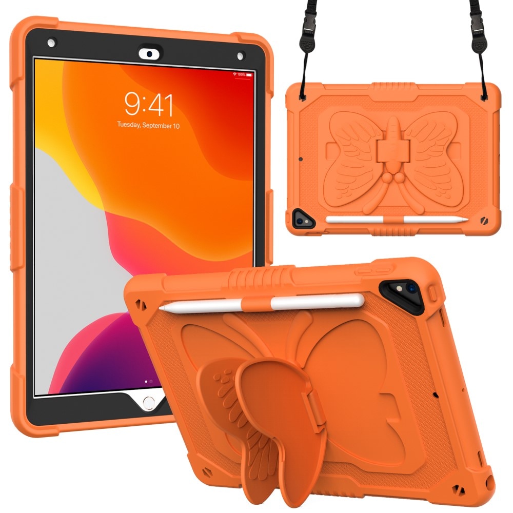 Coque hybride à papillons pour iPad 10.2 7th Gen (2019) avec bandoulière, orange