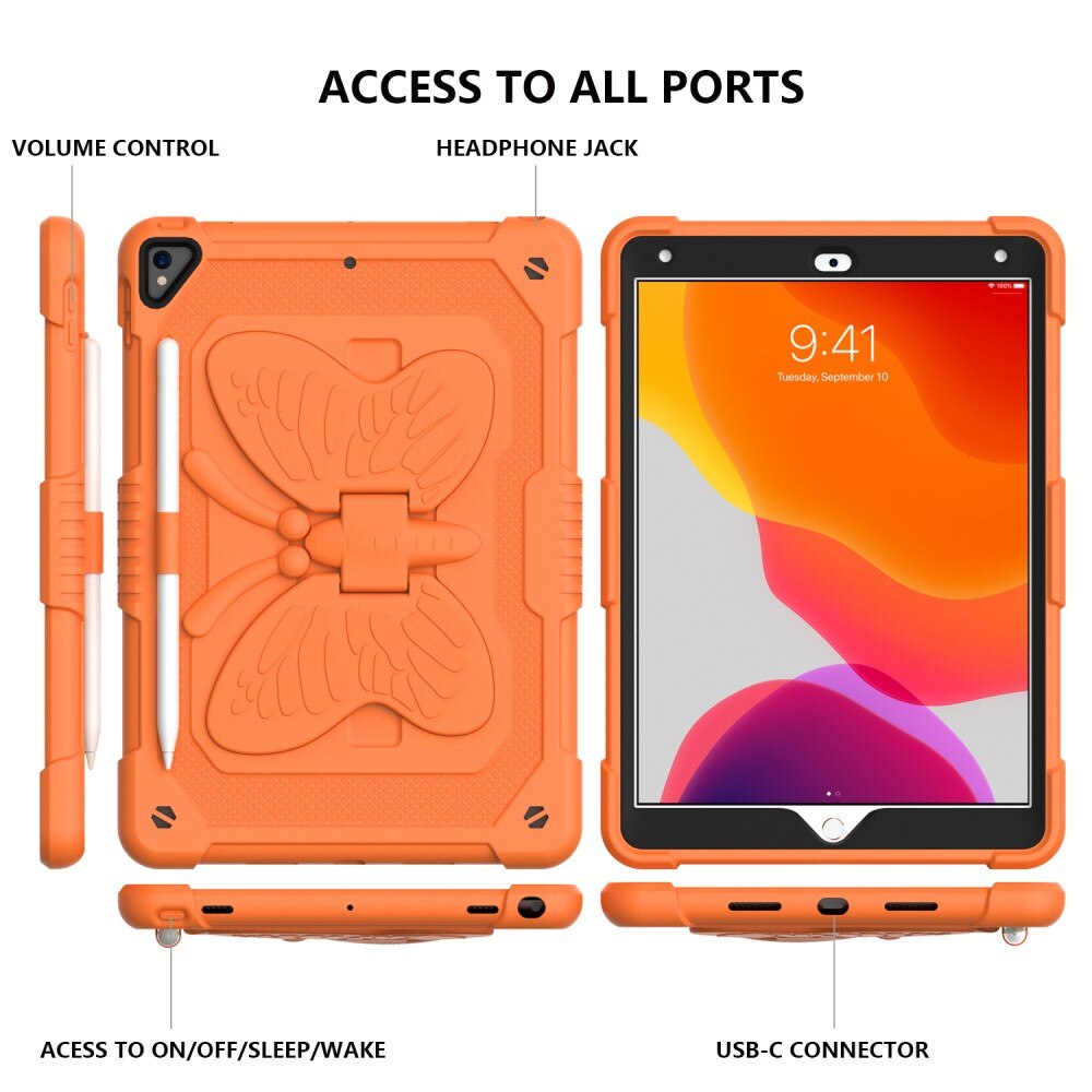 Coque hybride à papillons pour iPad 10.2 9th Gen (2021) avec bandoulière, orange