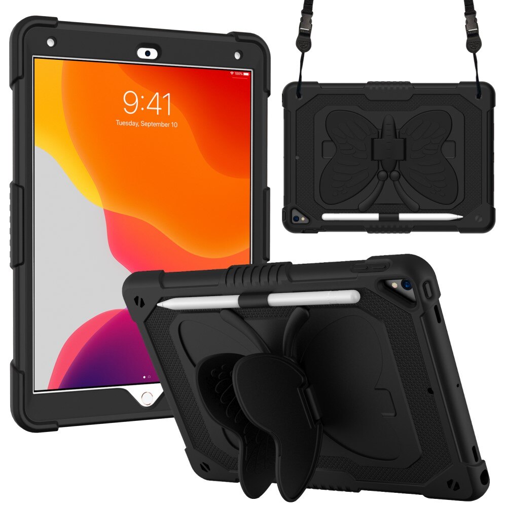 Coque hybride à papillons pour iPad 10.2 9th Gen (2021) avec bandoulière, noir