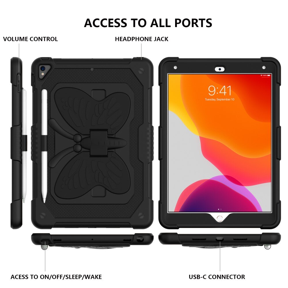 Coque hybride à papillons pour iPad 10.2 7th Gen (2019) avec bandoulière, noir
