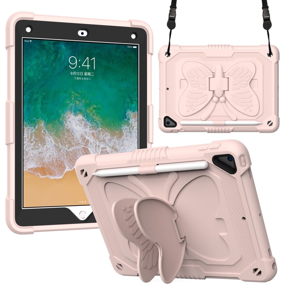 Coque hybride à papillons pour iPad Air 2 9.7 (2014) avec bandoulière, rose