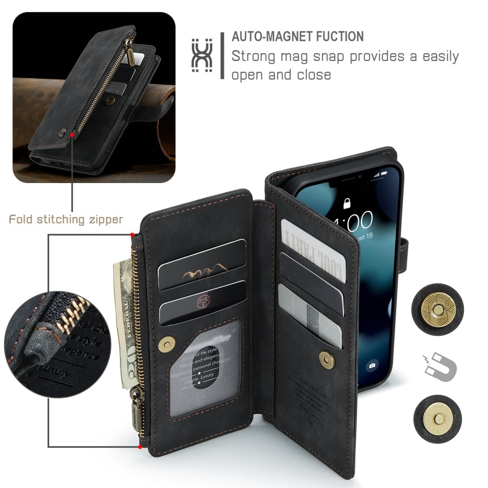 Étui portefeuille à glissière iPhone 13 Pro, Noir