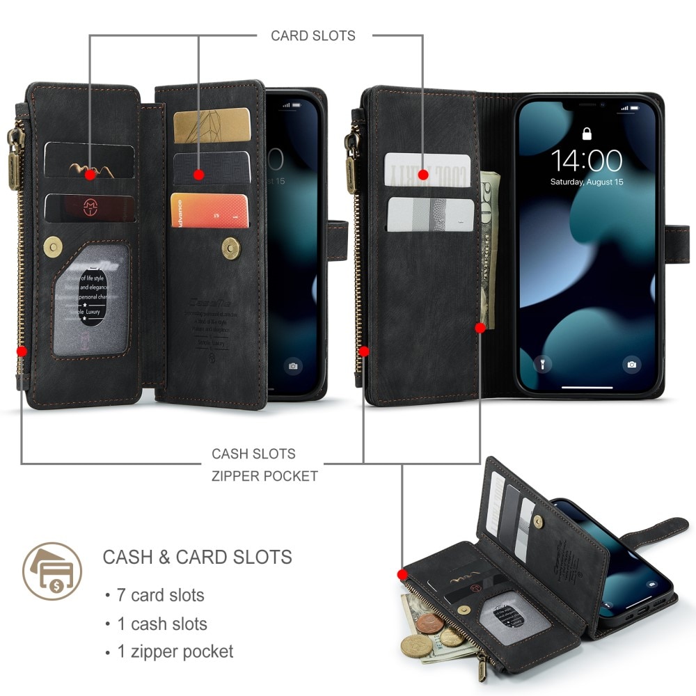 Étui portefeuille à glissière iPhone 13 Pro Noir