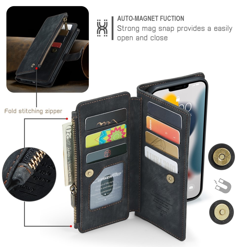 Étui portefeuille à glissière iPhone 13 Pro Max Noir