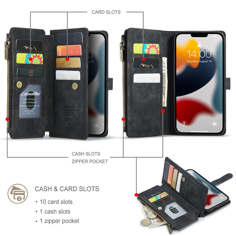 Étui portefeuille à glissière iPhone 13 Pro Max, Noir