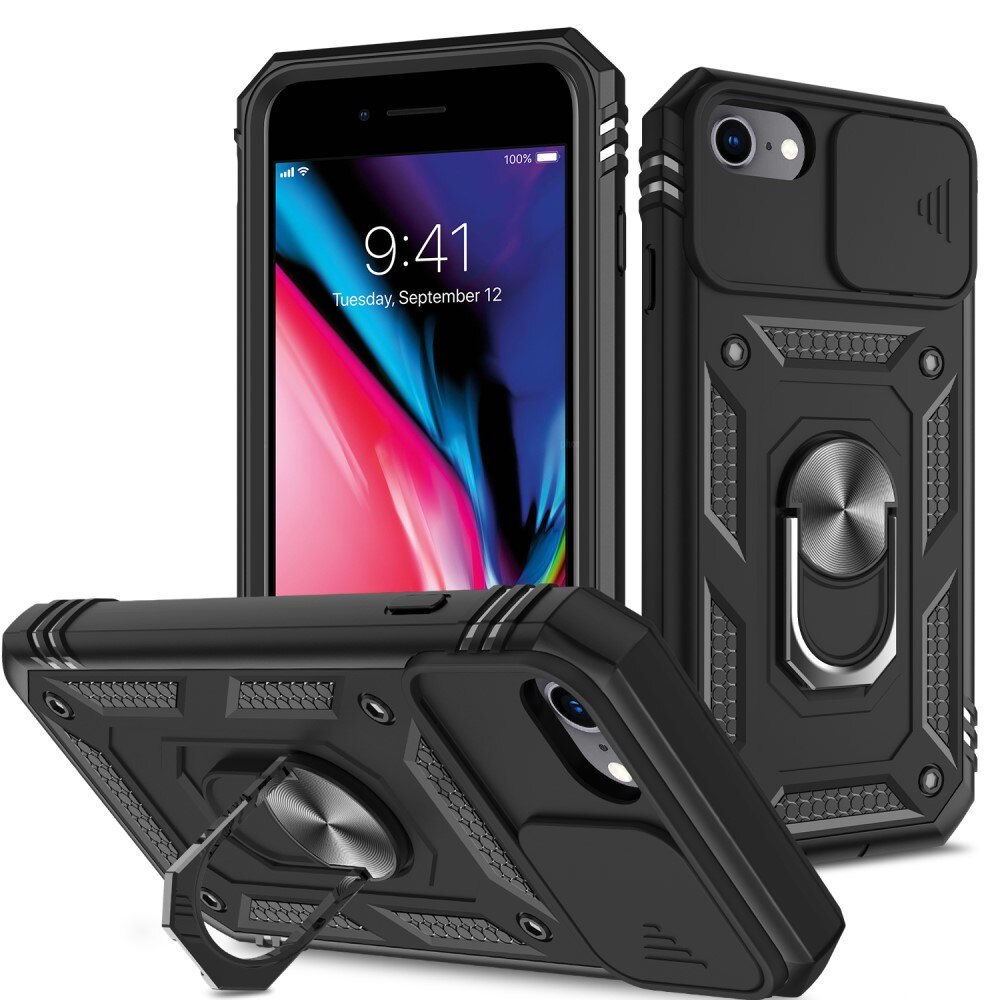 Coque Hybride Ring avec Protège Caméra Apple iPhone SE 2020/iPhone SE 2022/iPhone 8/iPhone 7, Noir
