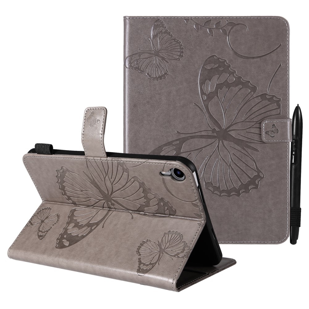 Étui en cuir avec papillons Apple iPad Mini 7th Gen (2024) Gris