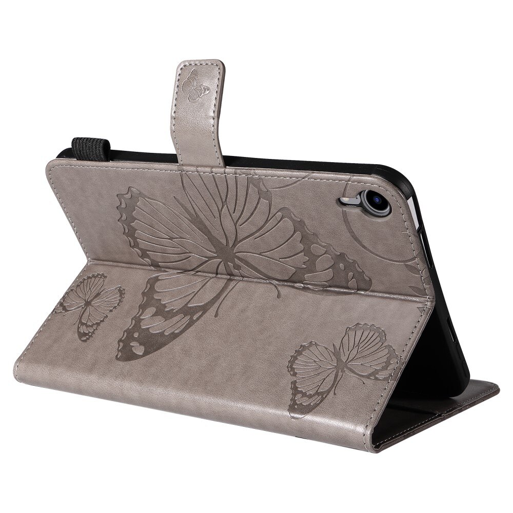Étui en cuir avec papillons Apple iPad Mini 7th Gen (2024) Gris
