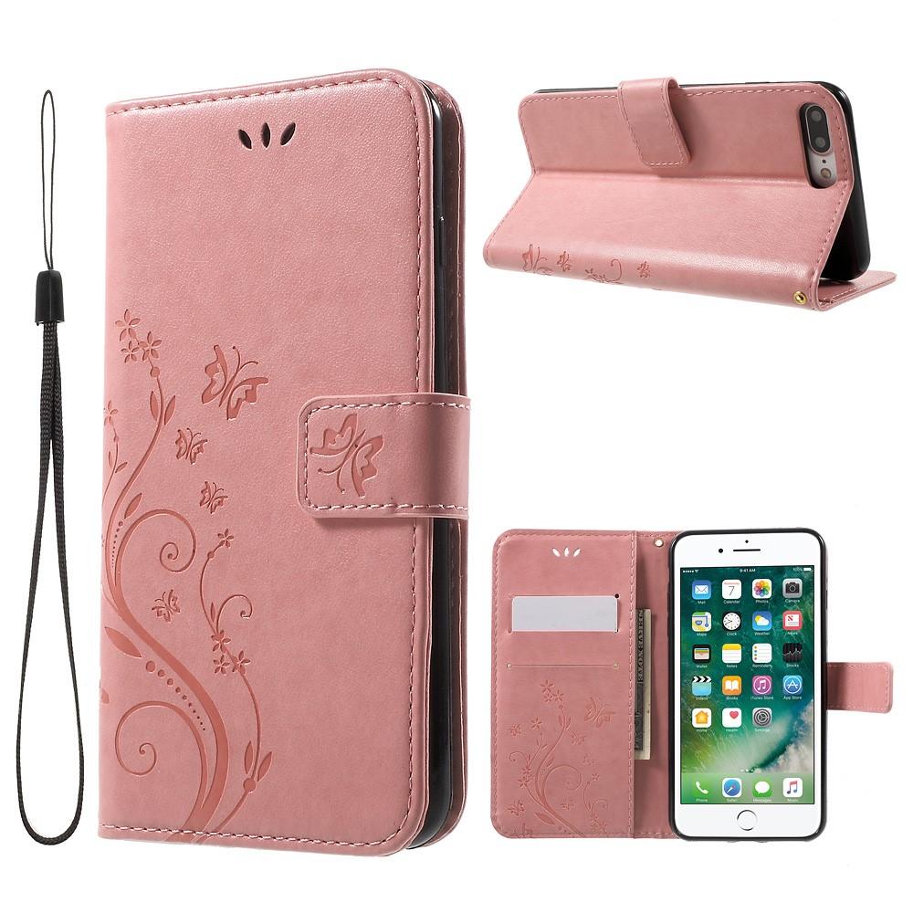 Étui en cuir à papillons pour iPhone 7 Plus/iPhone 8 Plus, Rose