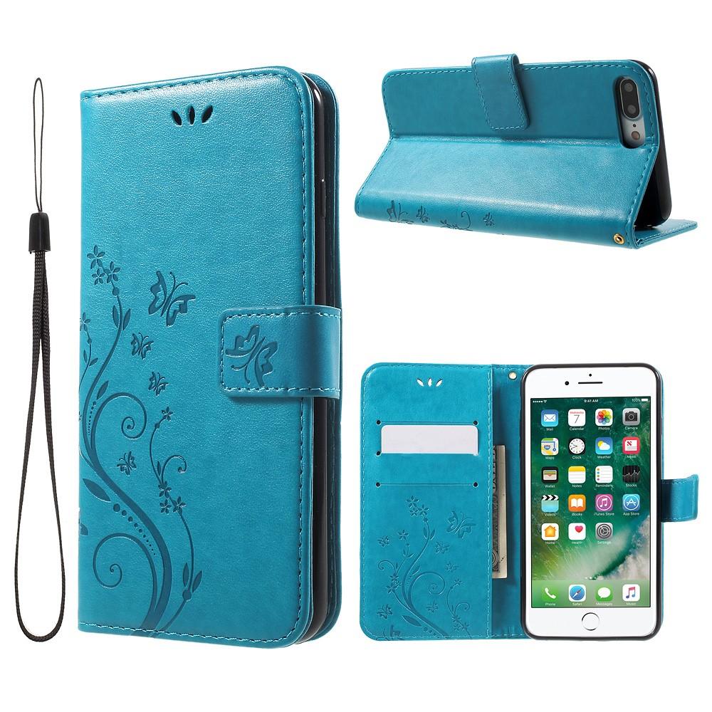 Étui en cuir à papillons pour iPhone 7 Plus/iPhone 8 Plus, Bleu