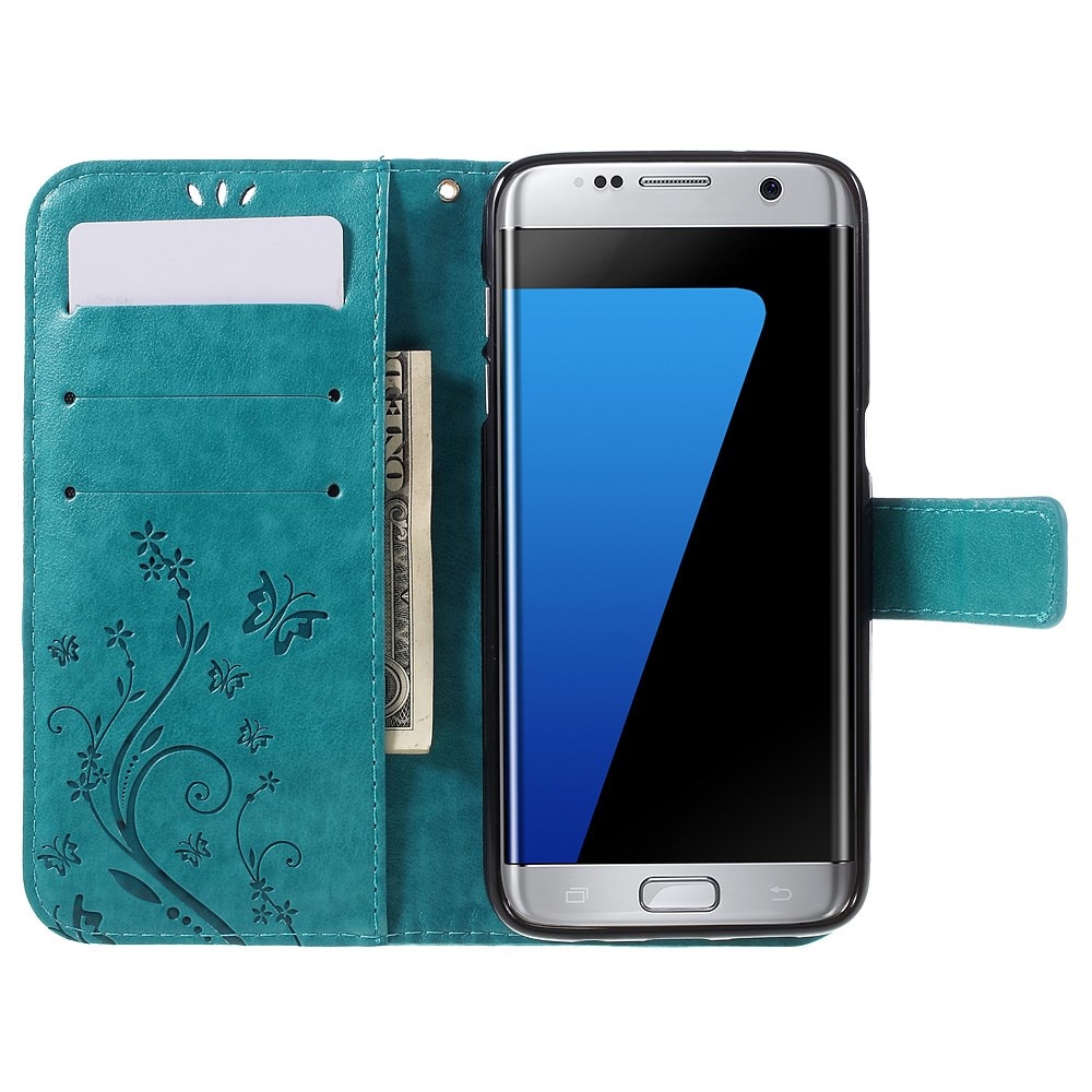 Étui en cuir à papillons pour Samsung Galaxy S7 Edge, bleu