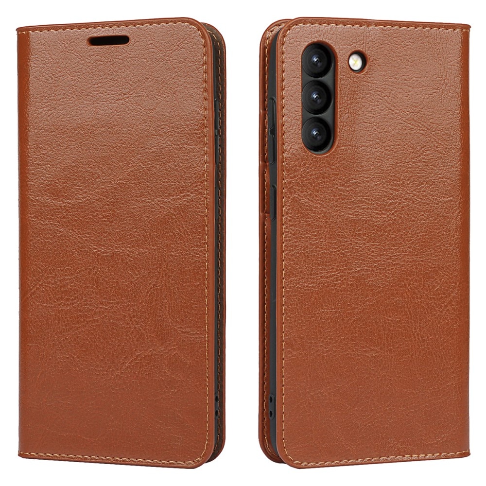 Coque portefeuille en cuir Veritable Samsung Galaxy S21 FE, marron