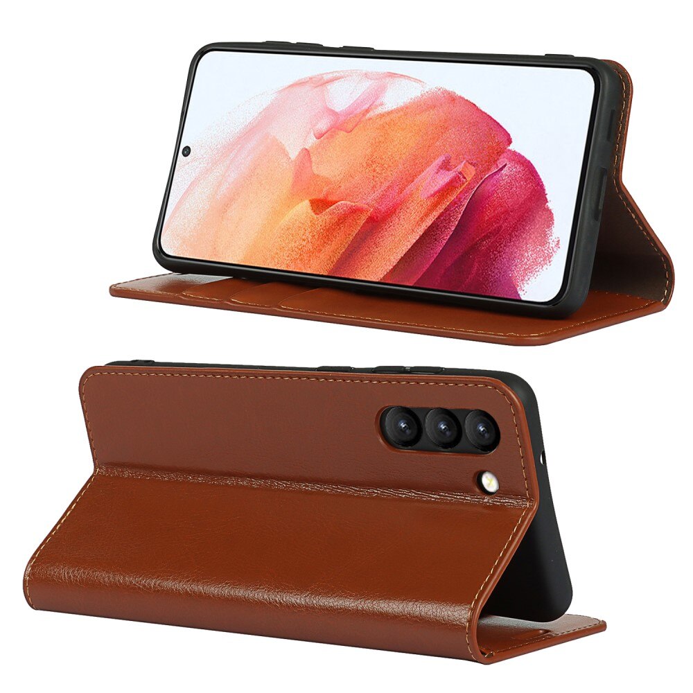 Coque portefeuille en cuir Veritable Samsung Galaxy S21 FE, Marron
