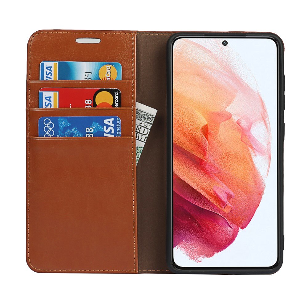 Coque portefeuille en cuir Veritable Samsung Galaxy S21 FE, Marron