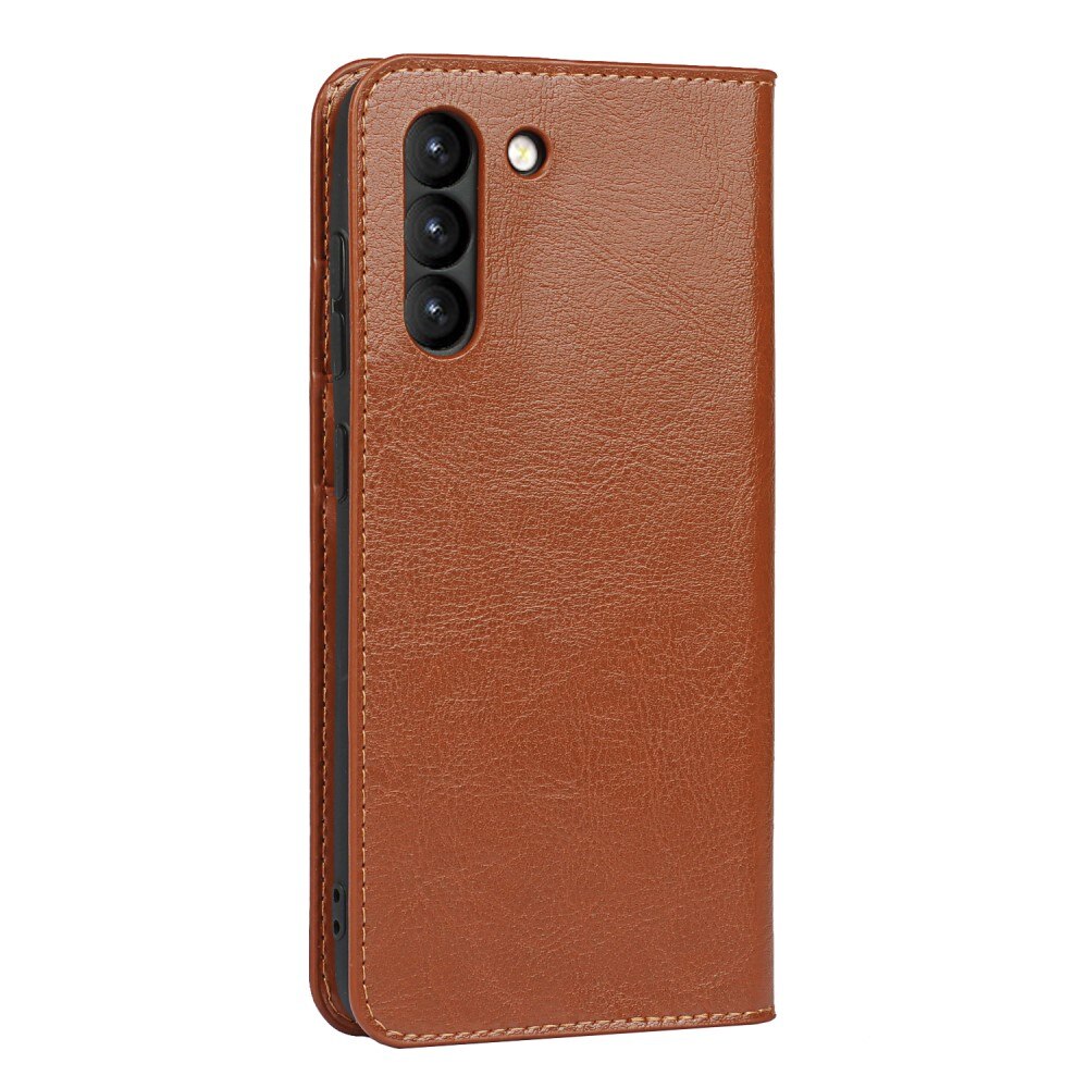 Coque portefeuille en cuir Veritable Samsung Galaxy S21 FE, Marron