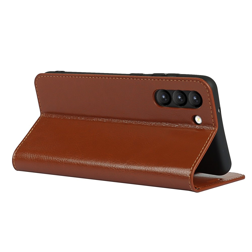 Coque portefeuille en cuir Veritable Samsung Galaxy S21 FE, Marron