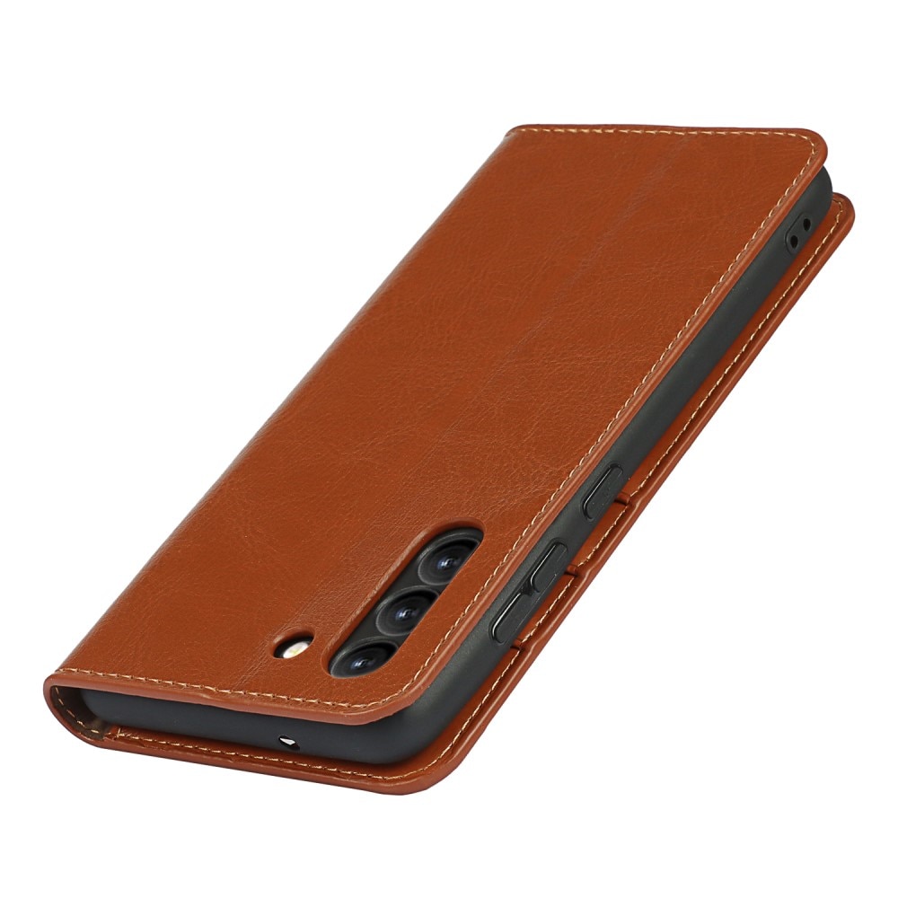 Coque portefeuille en cuir Veritable Samsung Galaxy S21 FE, marron