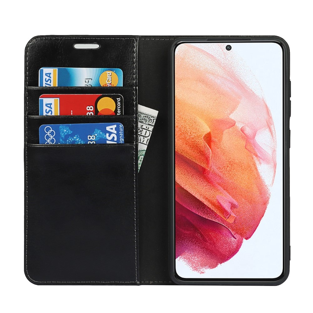 Coque portefeuille en cuir Veritable Samsung Galaxy S21 FE, Noir