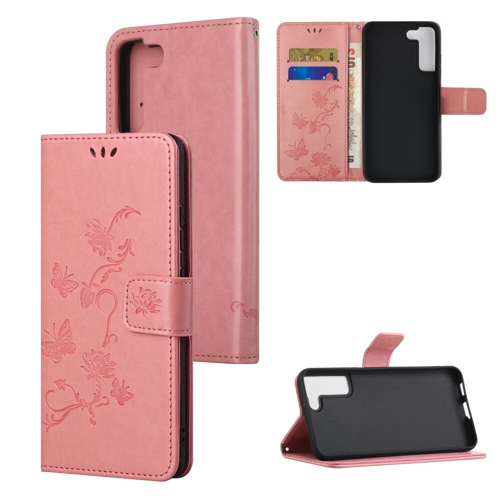 Étui en cuir à papillons pour Samsung Galaxy S22 Plus, Rose