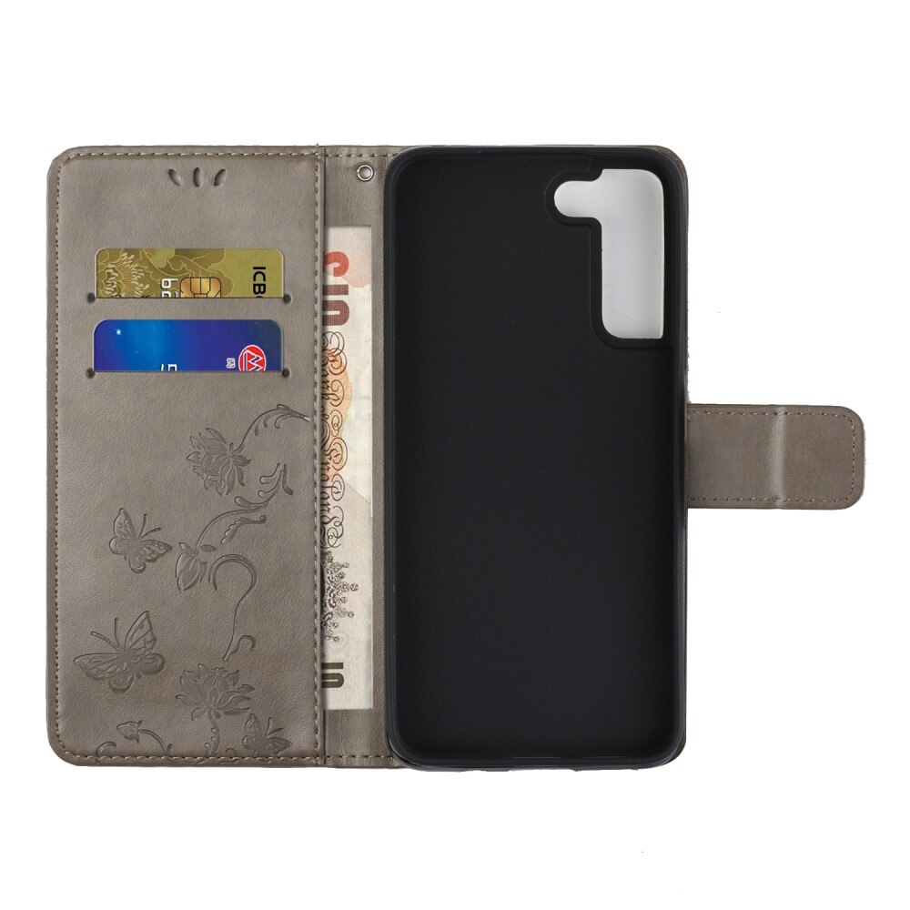 Étui en cuir à papillons pour Samsung Galaxy S22, Gris