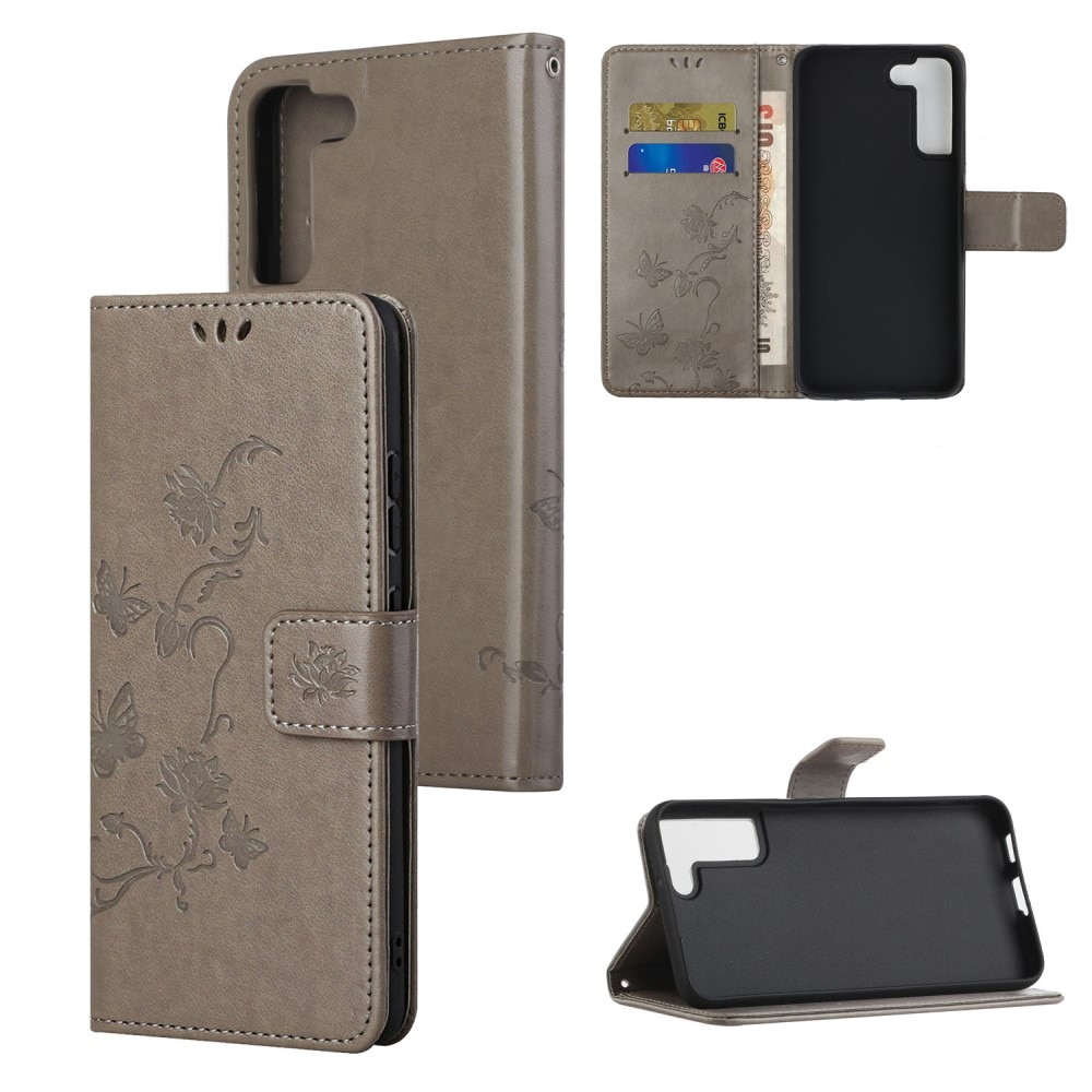 Étui en cuir à papillons pour Samsung Galaxy S22, Gris