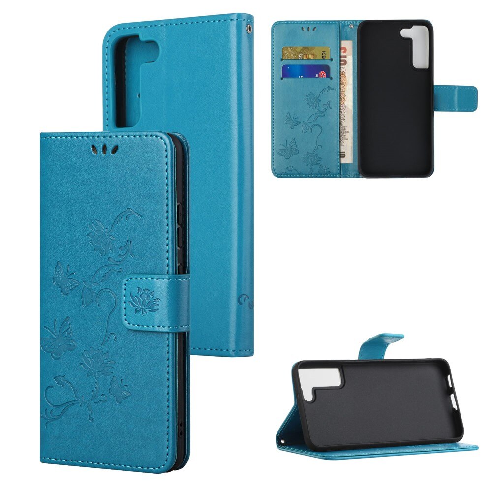 Étui en cuir à papillons pour Samsung Galaxy S22, Bleu