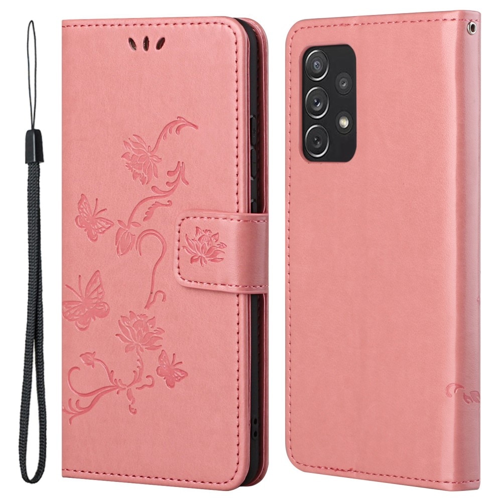 Étui en cuir à papillons pour Samsung Galaxy A73 5G, rose