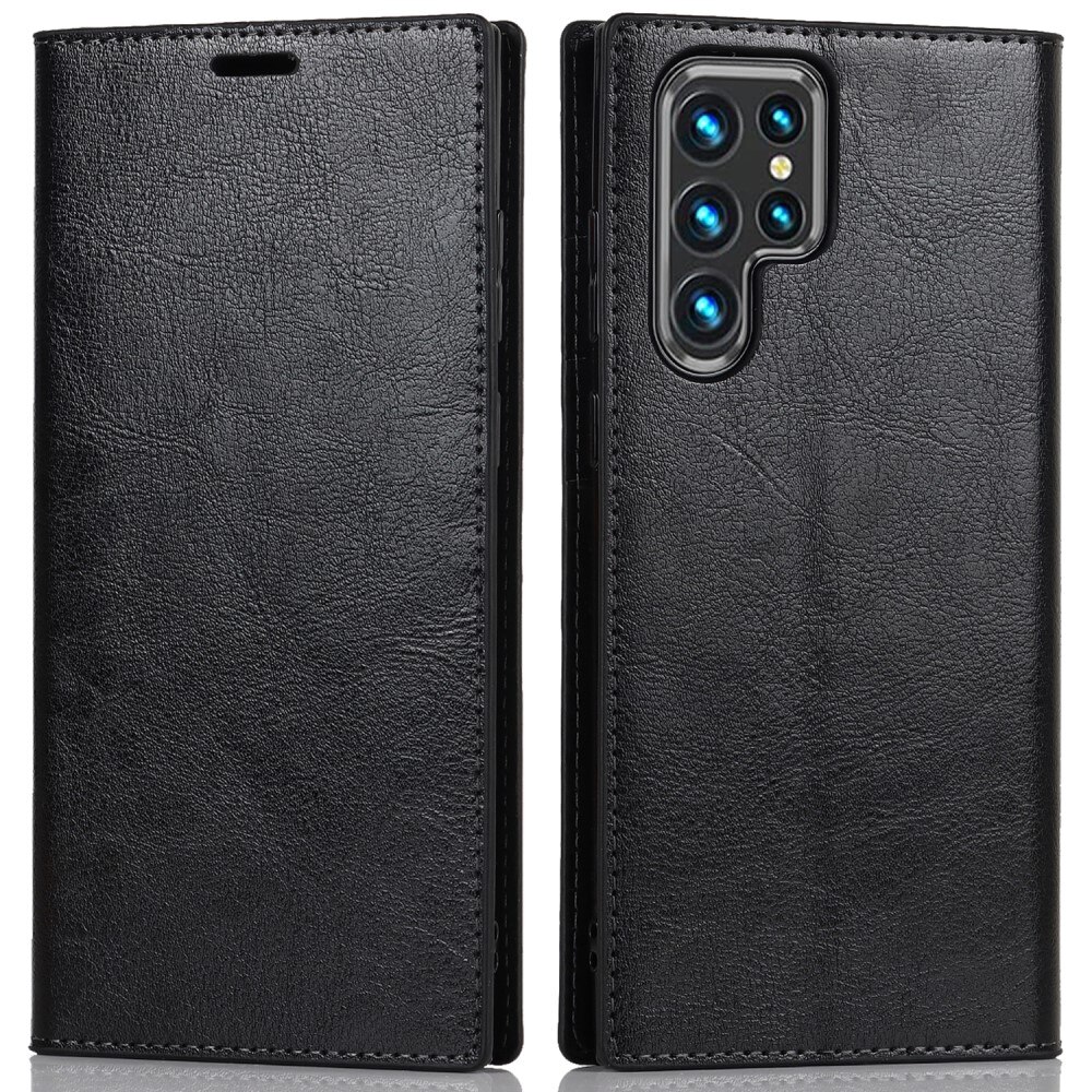 Coque portefeuille en cuir Veritable Samsung Galaxy S22 Ultra, Noir