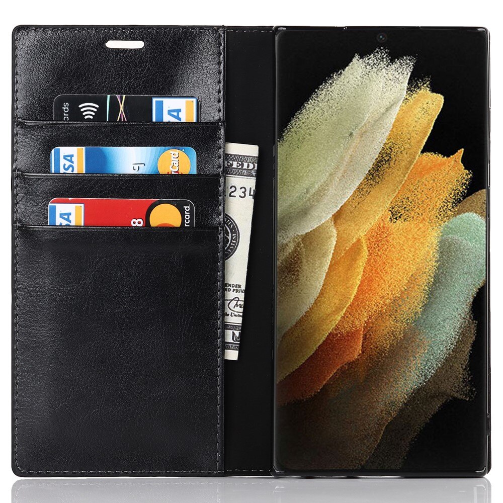 Coque portefeuille en cuir Veritable Samsung Galaxy S22 Ultra, Noir