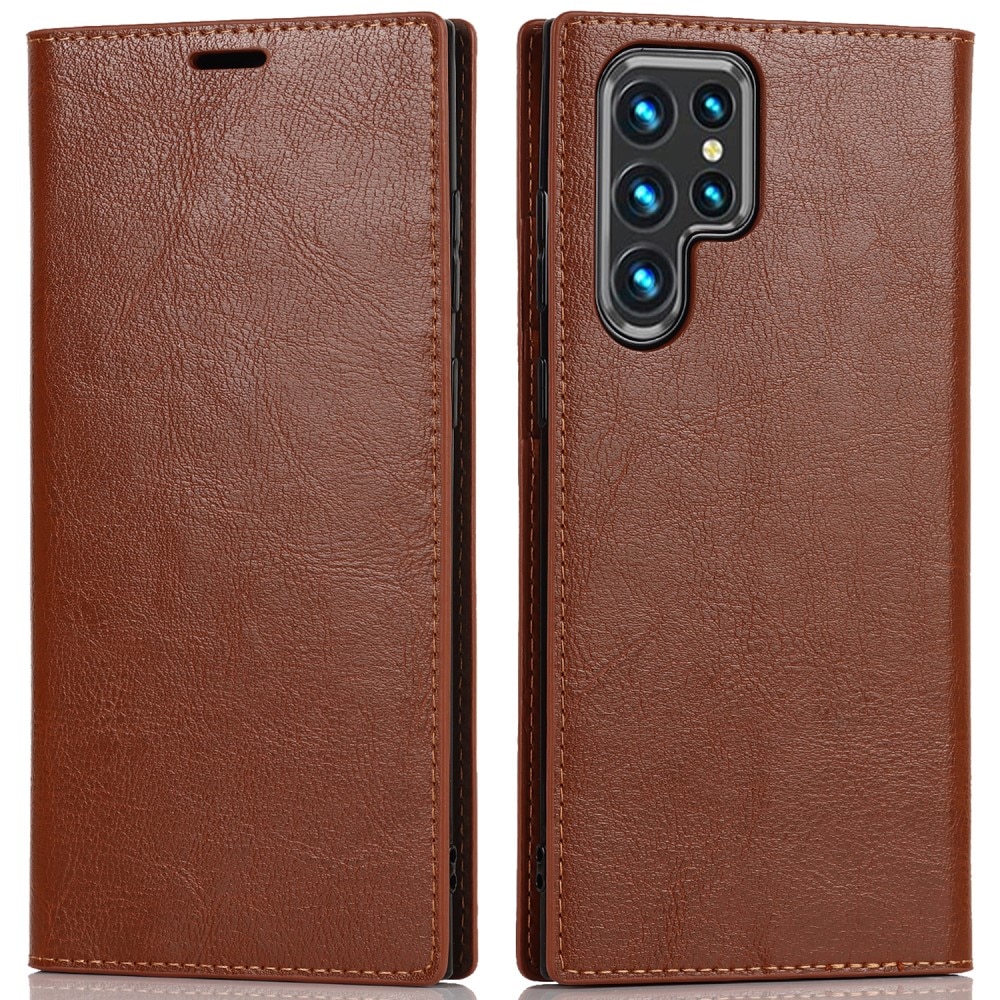 Coque portefeuille en cuir Veritable Samsung Galaxy S22 Ultra, marron