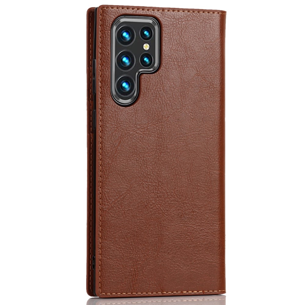 Coque portefeuille en cuir Veritable Samsung Galaxy S22 Ultra, marron