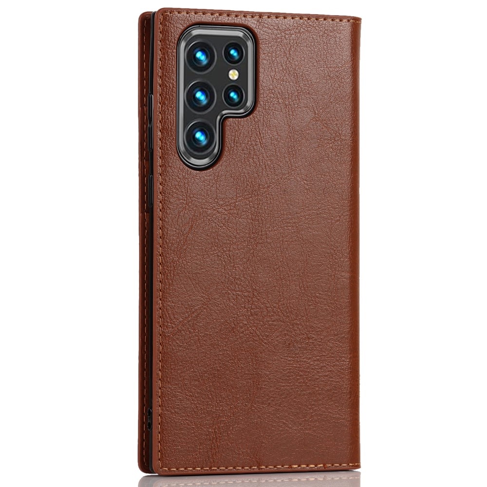 Coque portefeuille en cuir Veritable Samsung Galaxy S22 Ultra, Marron