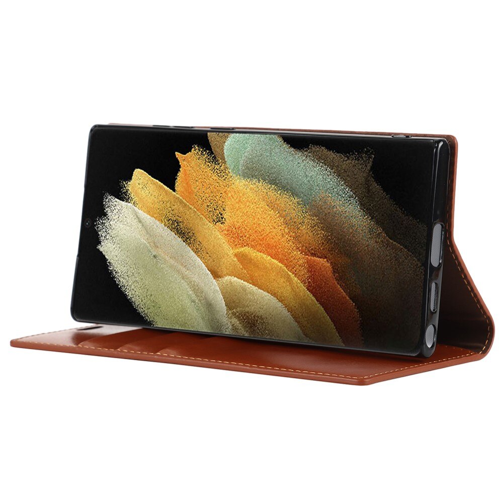 Coque portefeuille en cuir Veritable Samsung Galaxy S22 Ultra, Marron